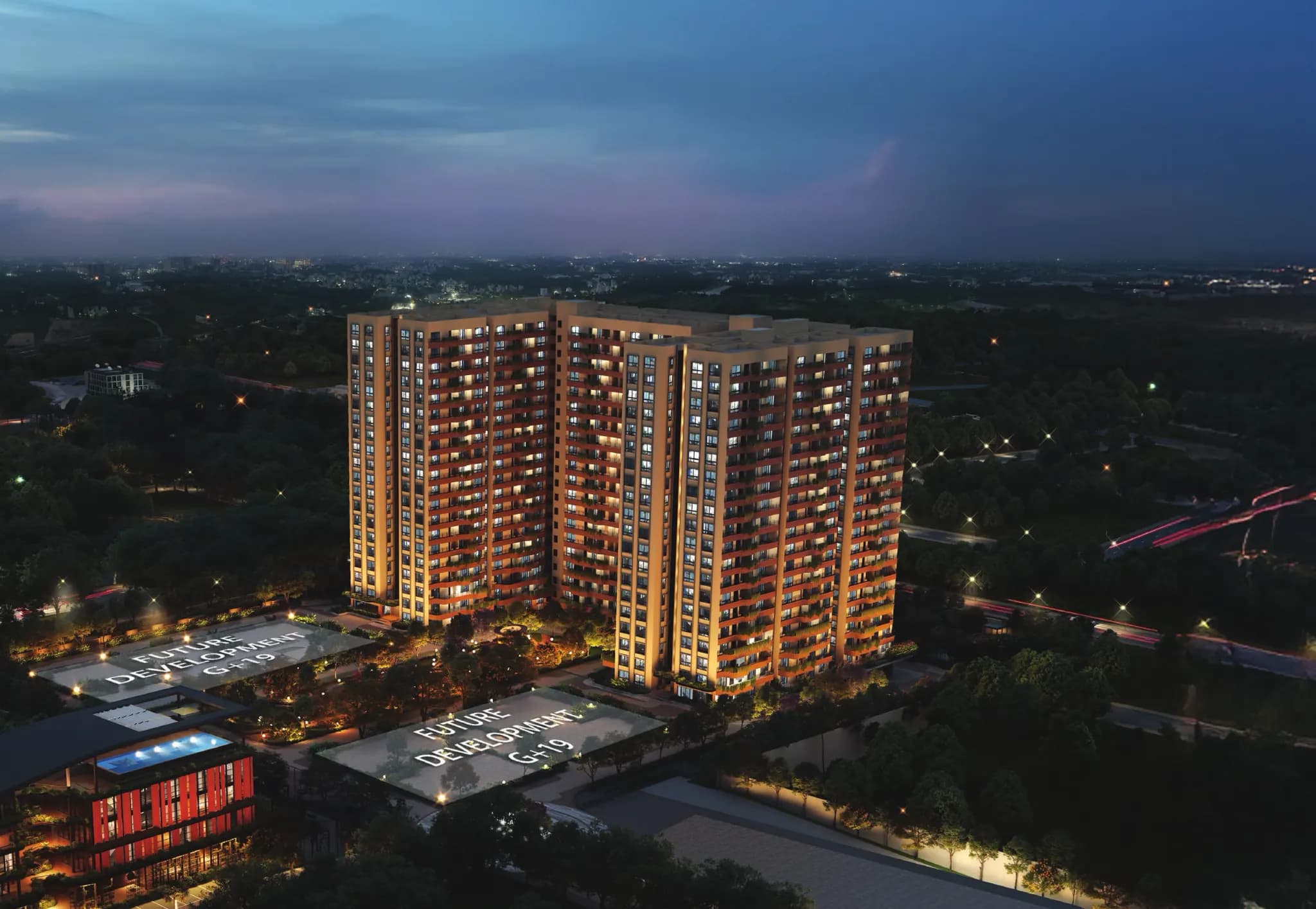 High-resolution architectural rendering of Mana Verdant Terraces at dusk, from the official brochure