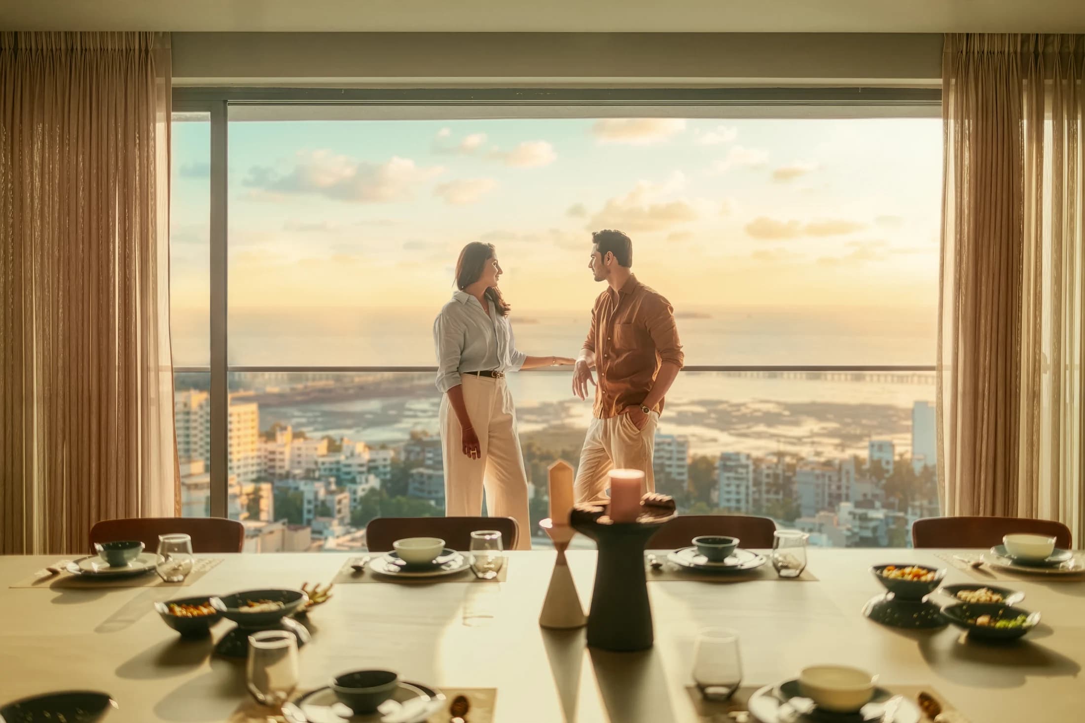 A couple in conversation overlooking Mumbai, from the official Rustomjee Crown project imagery